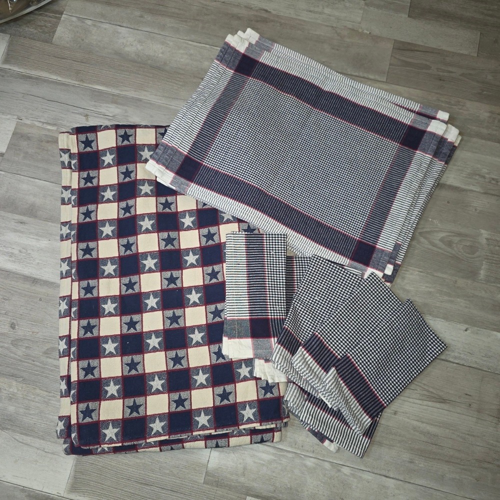 19 Piece Vintage Americana Patriotic Table Linens Set Red White Blue Stars Plaid